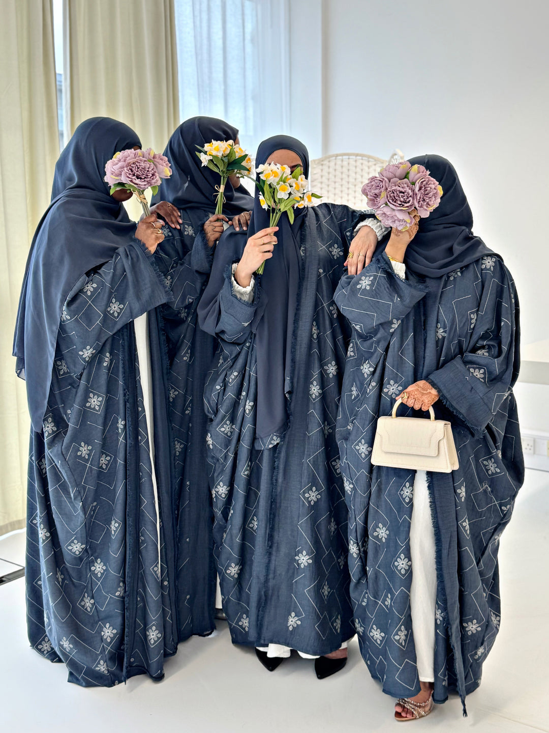 Denim Blue Soft Linen Mix Embroidered Butterfly Open Abaya