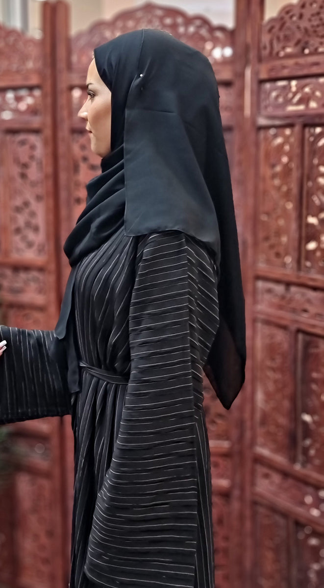 Safa Striped Open Abaya with Belt and Hijab - Black or Dark Grey ...