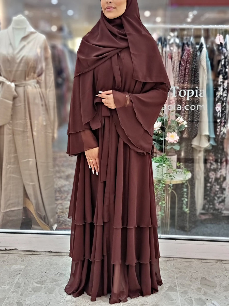 Taala Triple Layered Open Abaya with Hijab Milk Chocolate Brown